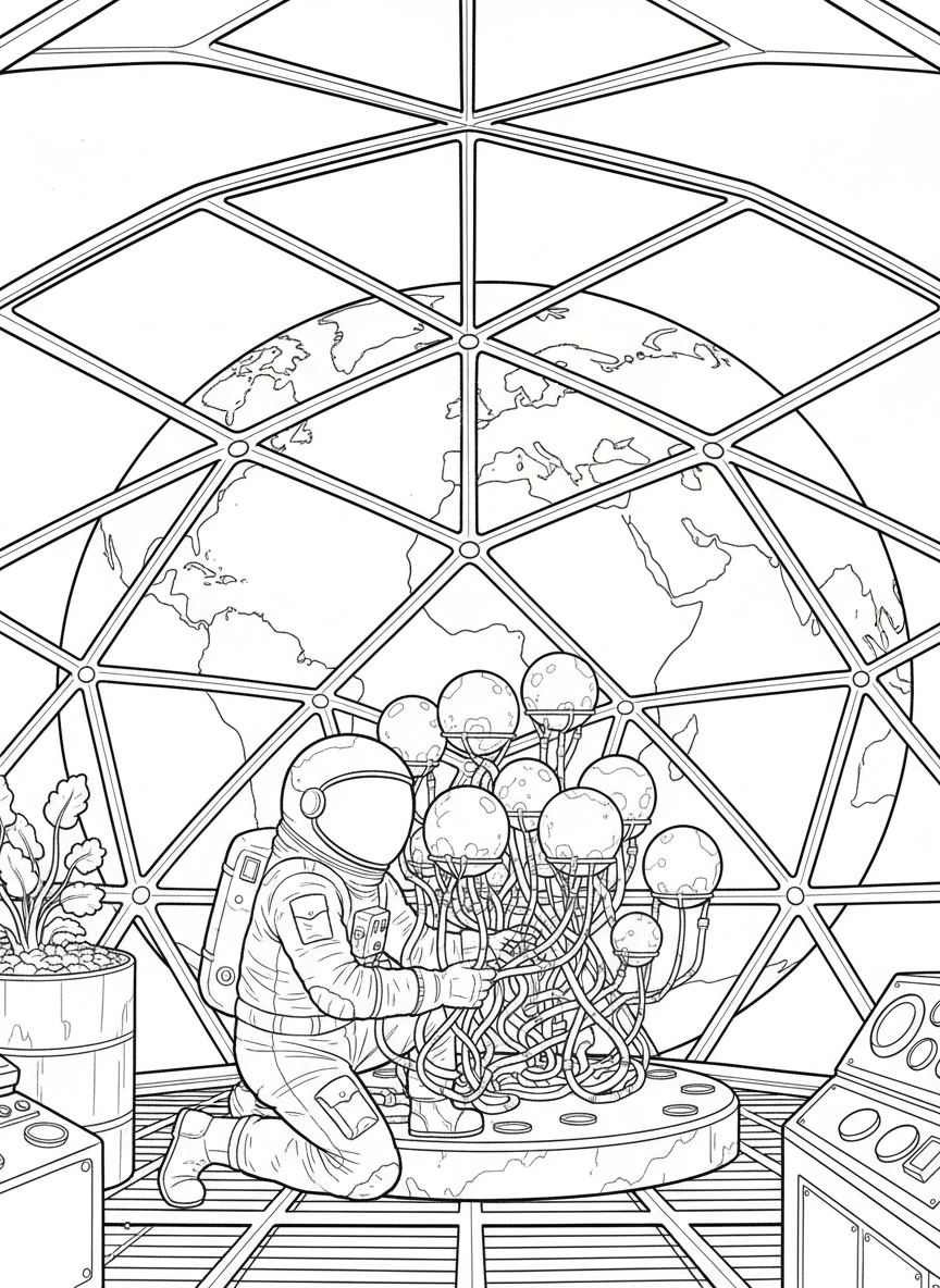 An astronaut gardening in a space greenhouse, tending to floating plants with Earth visible through a large dome window