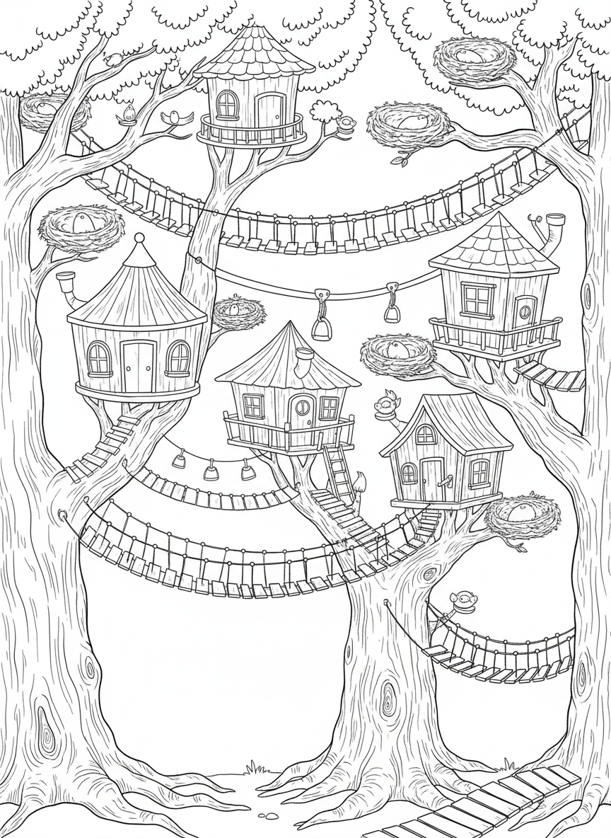 A treehouse village with five small houses connected by various rope bridges and zip lines, birds nests in branches, complex scene for older kids.