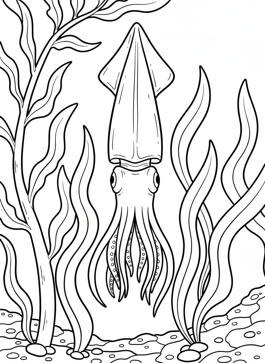 A long-finned squid with big eyes swimming vertically in deep tide pool water surrounded by kelp strands
