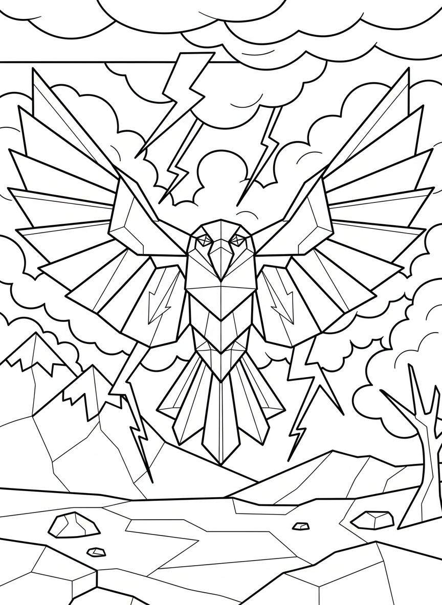 An origami thunderbird with massive geometric wings spread wide, lightning bolt shapes beneath, detailed coloring page