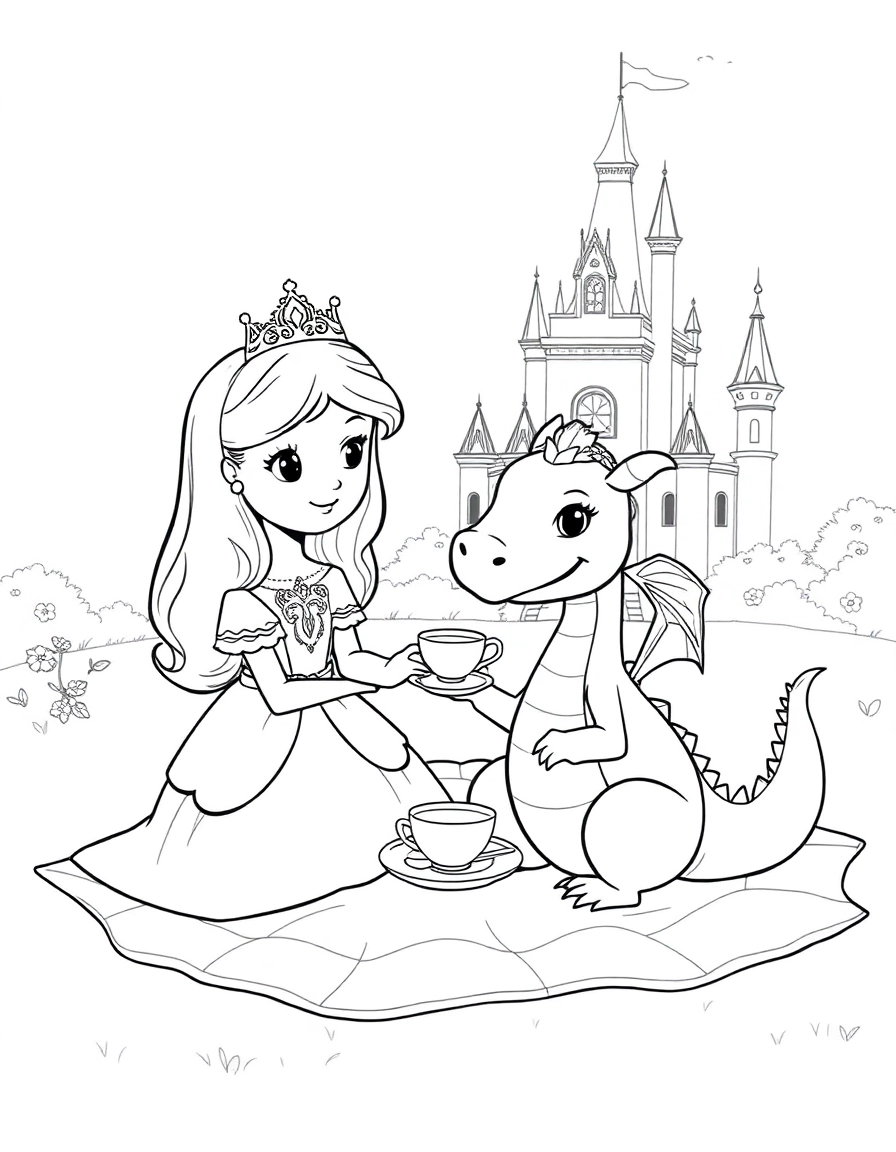 Tea Party Companion: A princess in a tiara and a friendly dragon having a tea party on a picnic blanket outside a whimsical castle. The dragon is delicately holding a tiny teacup with its claw.