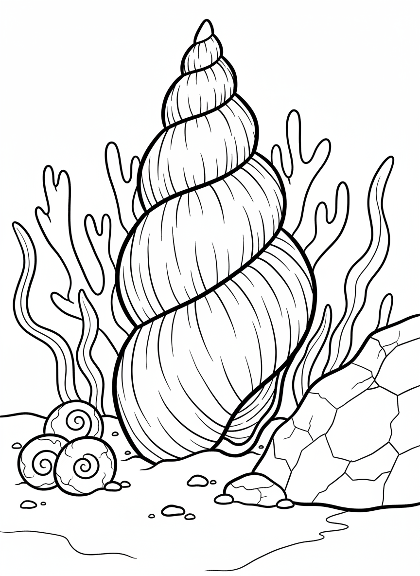 A spiral turret shell standing tall with intricate ridged texture, next to smaller periwinkle shells.