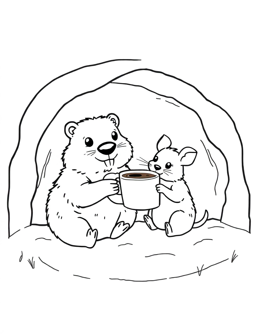 Groundhog Day: Burrow Buddies: A groundhog and a field mouse sitting together underground drinking hot cocoa.