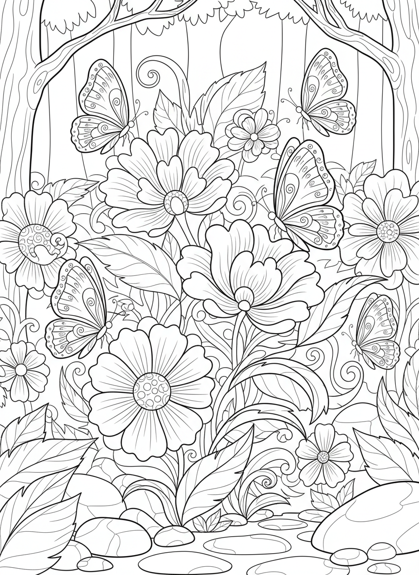 A butterfly garden in the forest with large decorative flowers, leaves, and several butterflies with detailed wing patterns