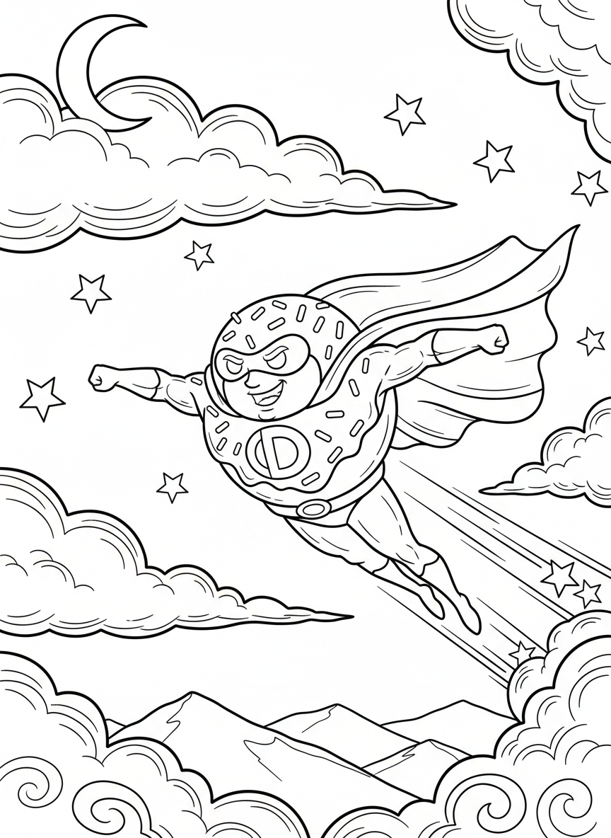 A donut superhero flying through the sky with a cape, mask, and confident expression, clouds and stars in the background
