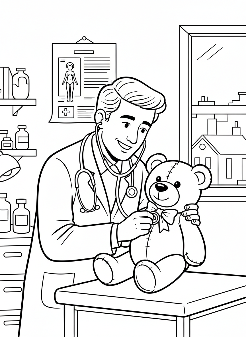 A friendly doctor wearing a white coat and stethoscope, examining a teddy bear in a cheerful medical office with a chart on the wall.
