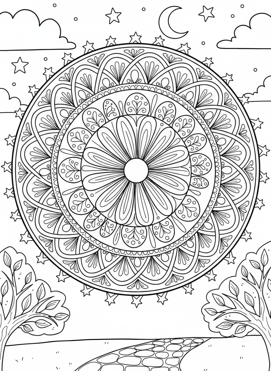 A single large firework in the center with concentric circles and radiating lines, creating a mandala-like pattern for detailed coloring.