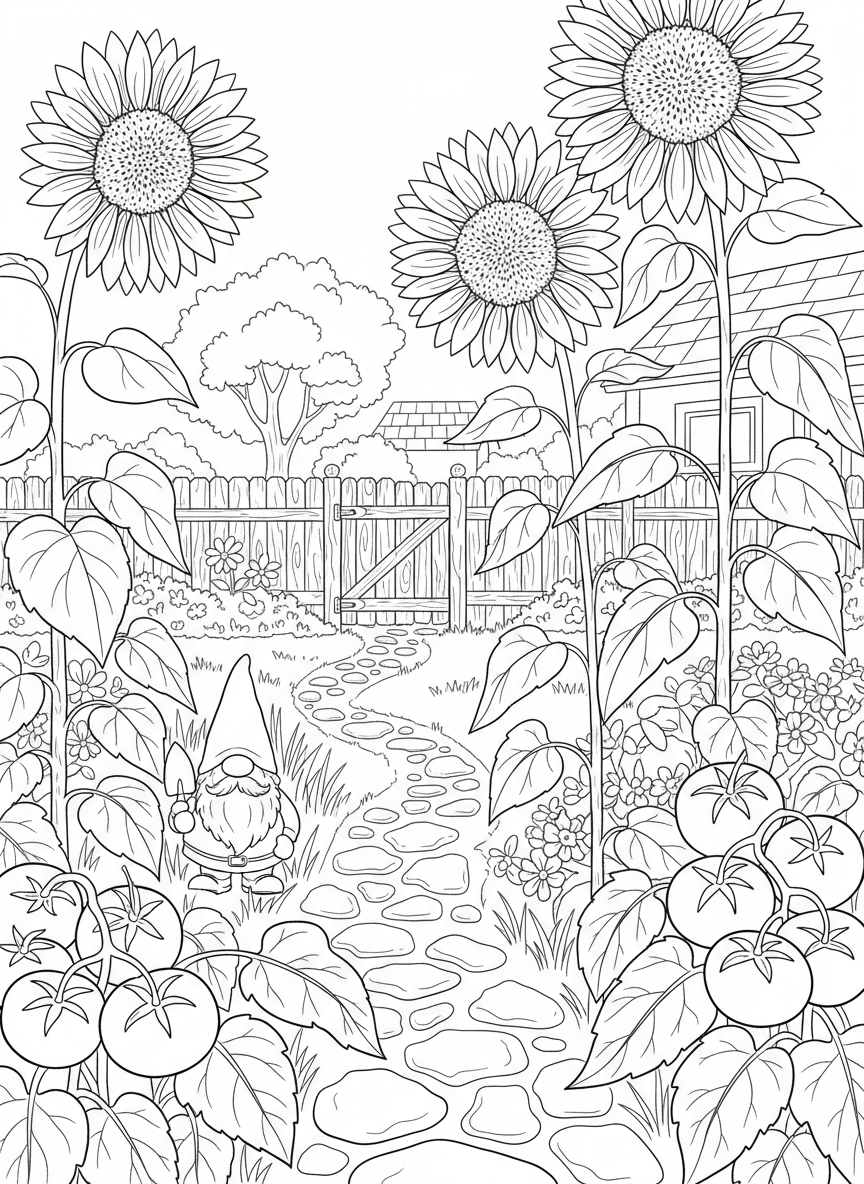 A vegetable and flower garden with tomato plants, sunflowers, and a small garden gnome, charming backyard scene.