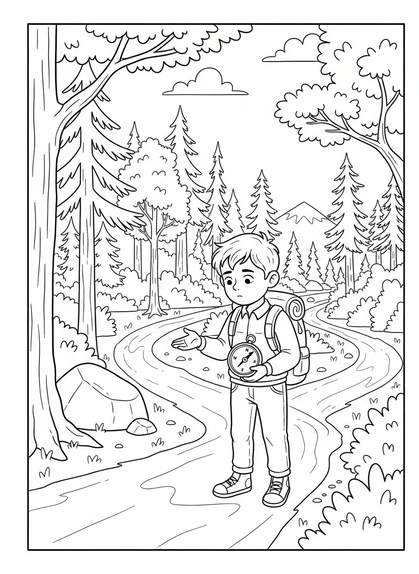 A kid using a compass while standing at a trail fork, trying to decide which path to take through the woods.