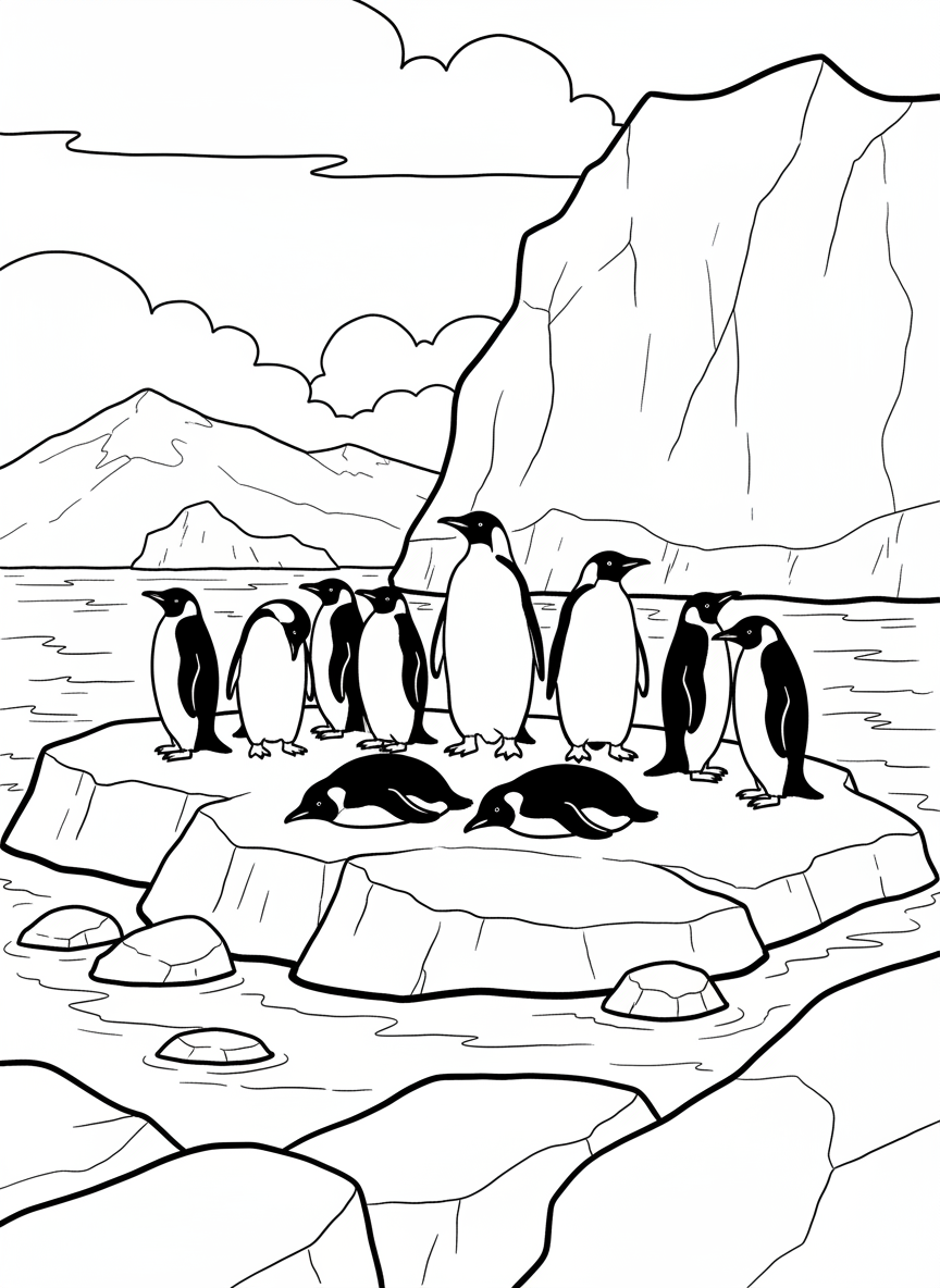 A colony of twelve penguins gathered together on rocky Antarctic shore, with varying poses and sizes for visual interest.