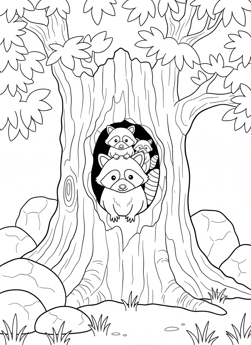 A raccoon family peeking out from a hollow tree trunk, adorable line art for coloring