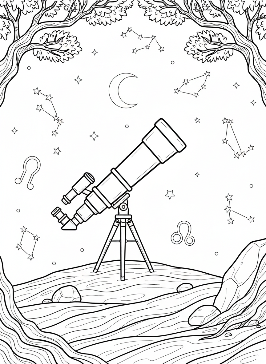 A telescope on a hilltop pointing up at a starry night sky filled with constellations and a crescent moon