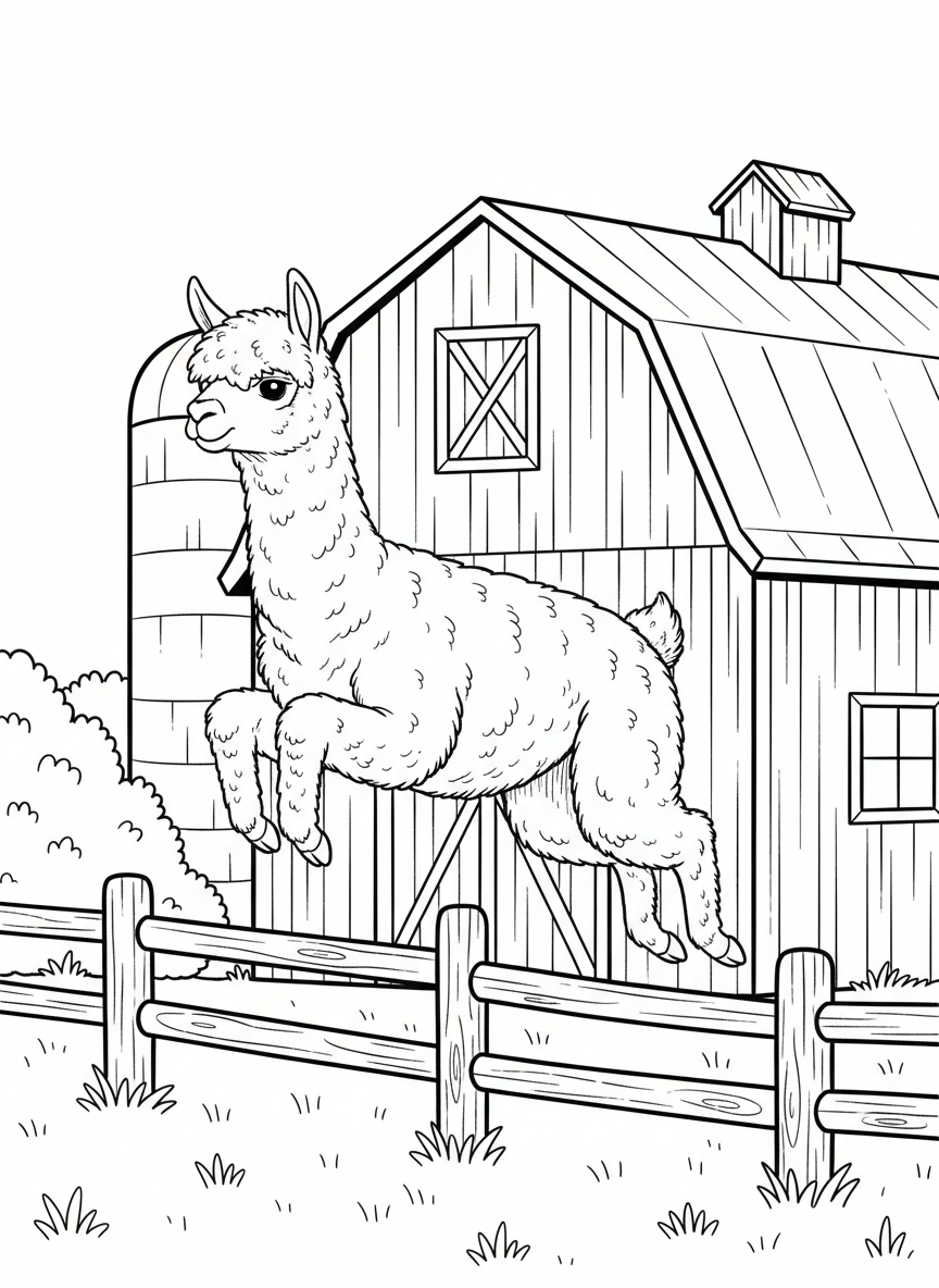 A young alpaca jumping over a small fence in a farm setting, with a barn visible in the background.
