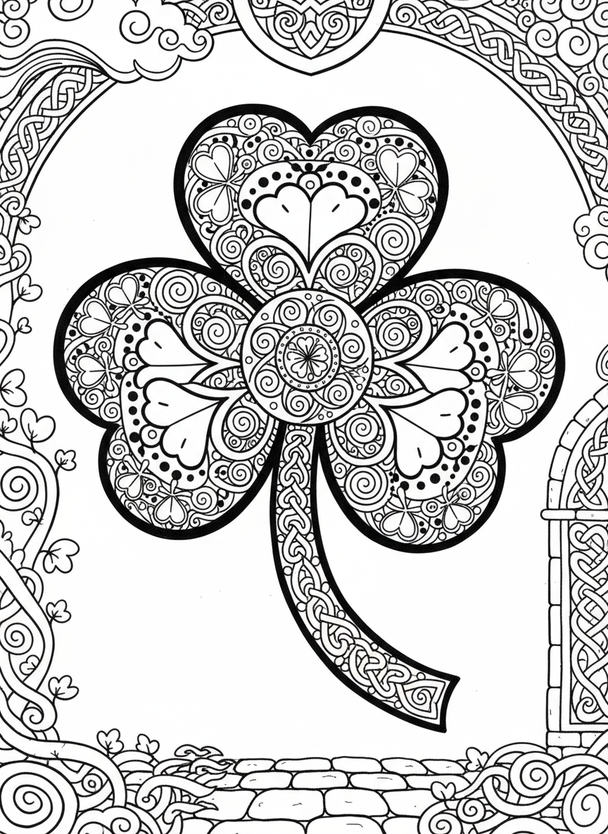 A large shamrock made up of smaller shamrocks in a mandala-style pattern, perfect for detailed coloring with intricate designs.