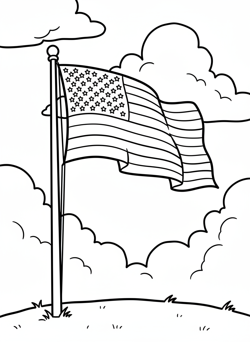 A simple American flag waving on a flagpole with clouds in the background, clean lines and bold stripes perfect for coloring.