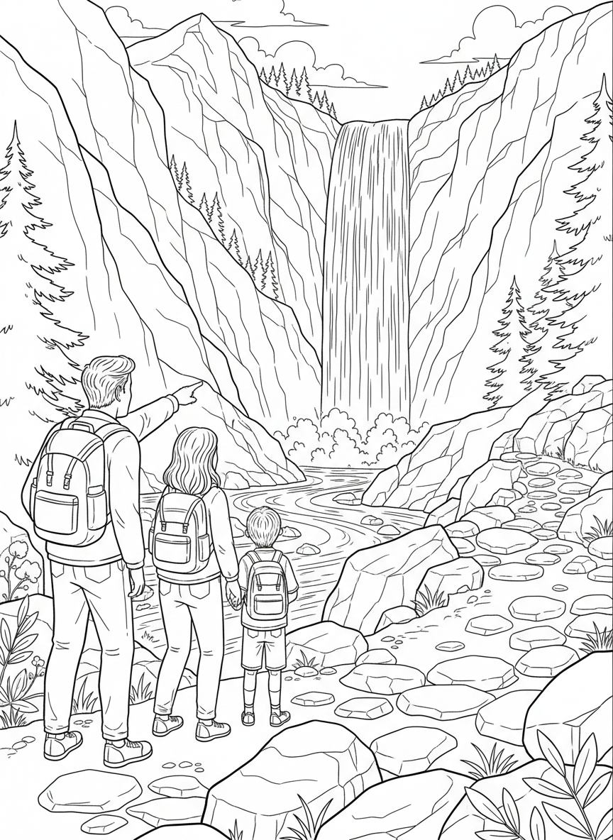A mountain hiking trail with a family wearing backpacks, pointing at a scenic waterfall view