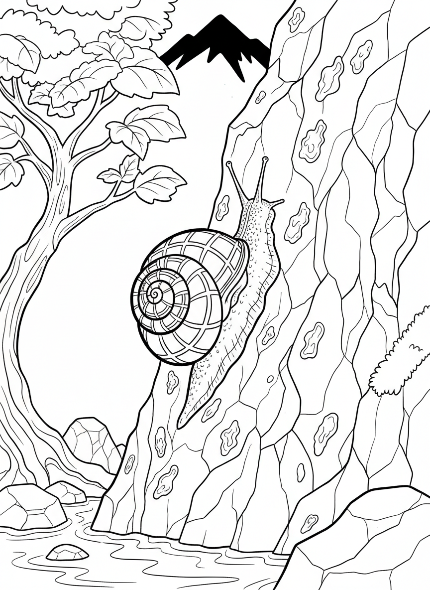 A checkered periwinkle snail climbing up a vertical rock face covered in algae spots