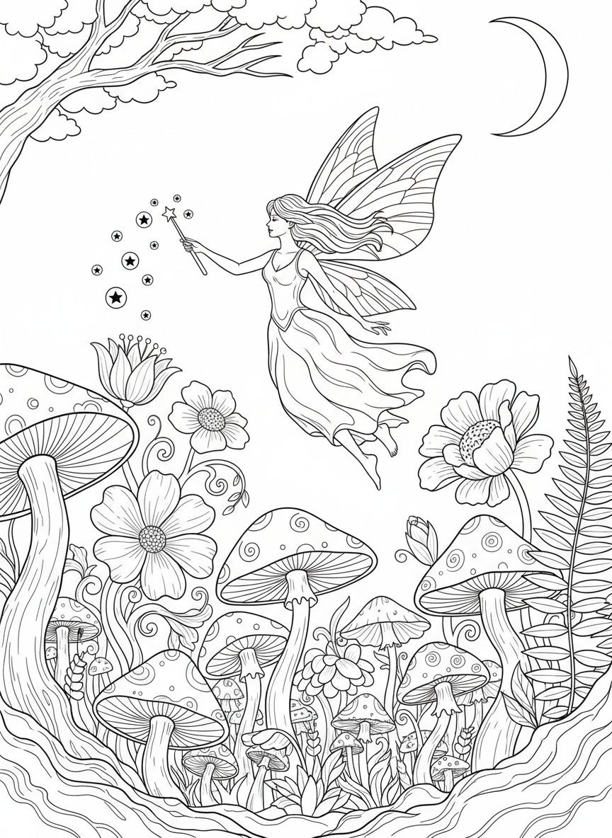 A magical fairy with wings and a wand, sprinkling pixie dust over a mushroom garden filled with flowers