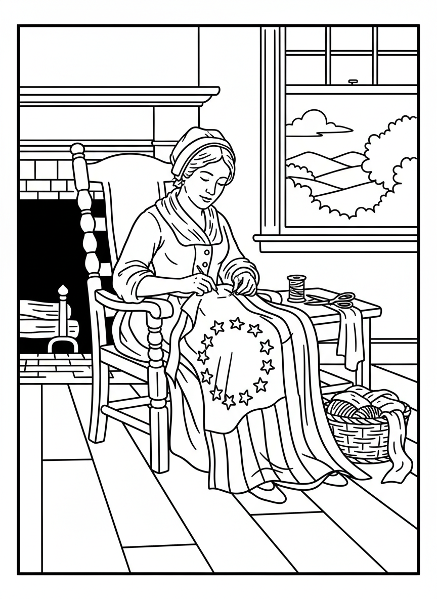 Betsy Ross sewing the first American flag, sitting in a chair with fabric and thread, stars and stripes visible on the flag.