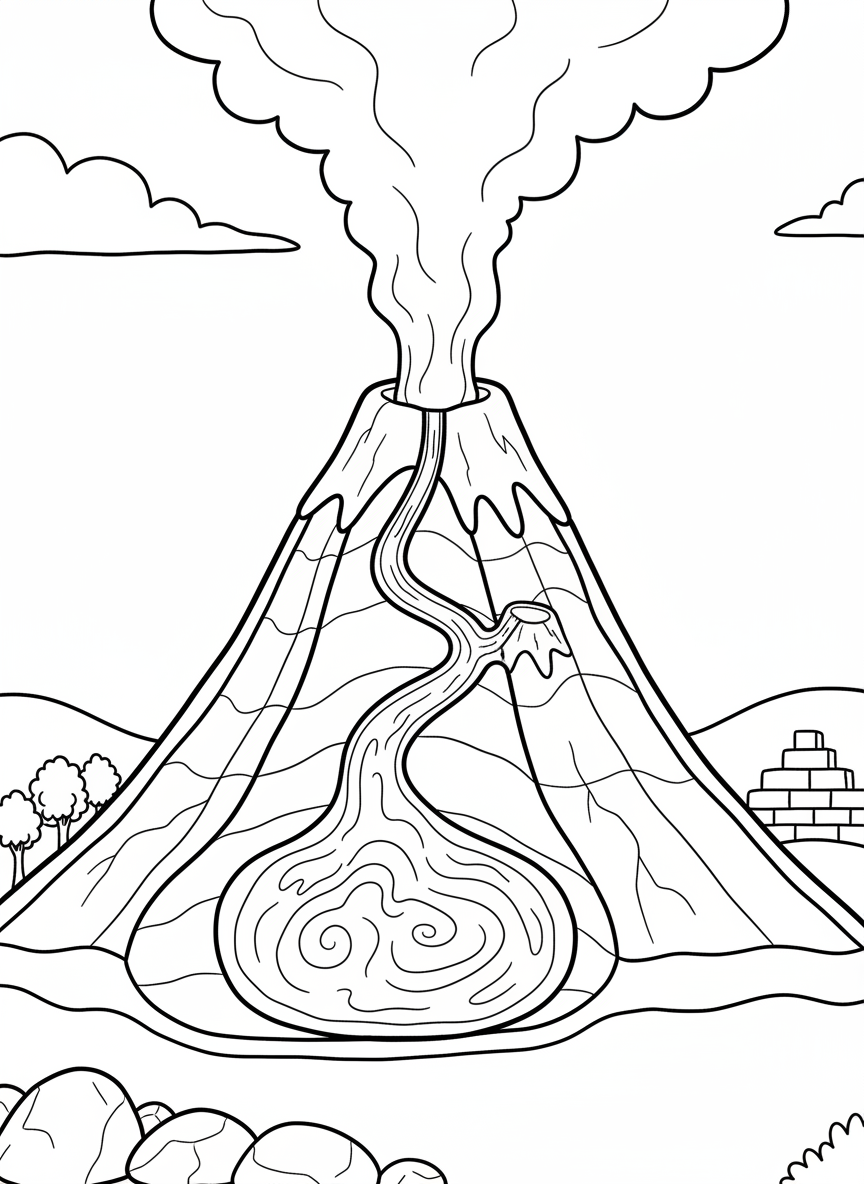 A gentle volcano cross-section diagram showing the inside layers, magma chamber, and vent in a simple educational style for kids to color.