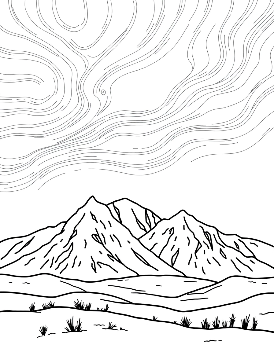 Northern Lights: A landscape of snow-capped mountains with wavy lines in the sky representing the aurora borealis (simple lines for coloring).
