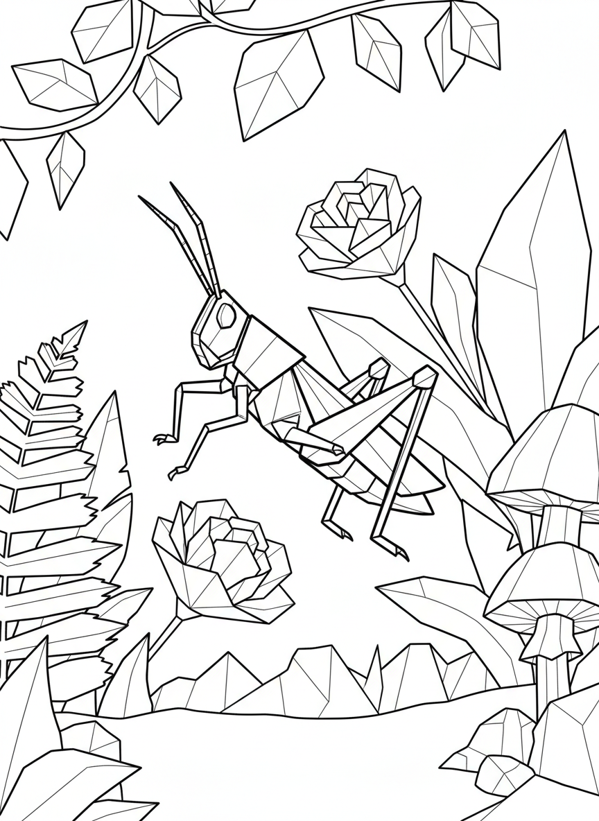 An origami grasshopper in a jumping pose with bent legs, angular paper creases defining the body and long antennae