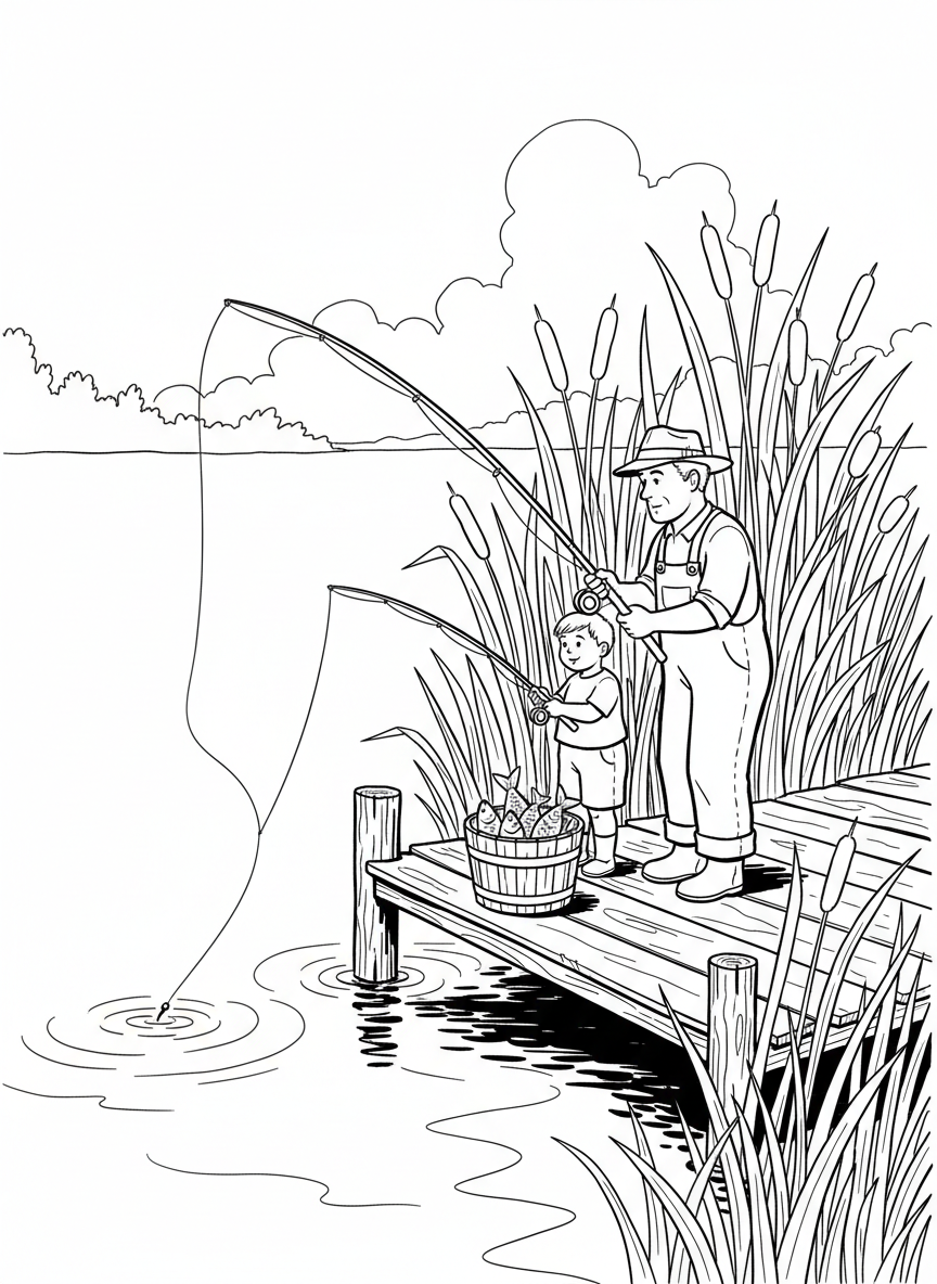 A father and child fishing together from a small wooden dock, with a bucket of fish beside them and cattails in the background.