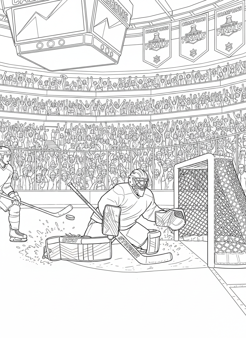 Stanley Cup Finals coloring page prompts capturing intense hockey action, frozen arenas, passionate fans, and championship tradition.	A goaltender making a sprawling save, pads sliding across the ice as the puck deflects away and the crowd erupts behind the net.