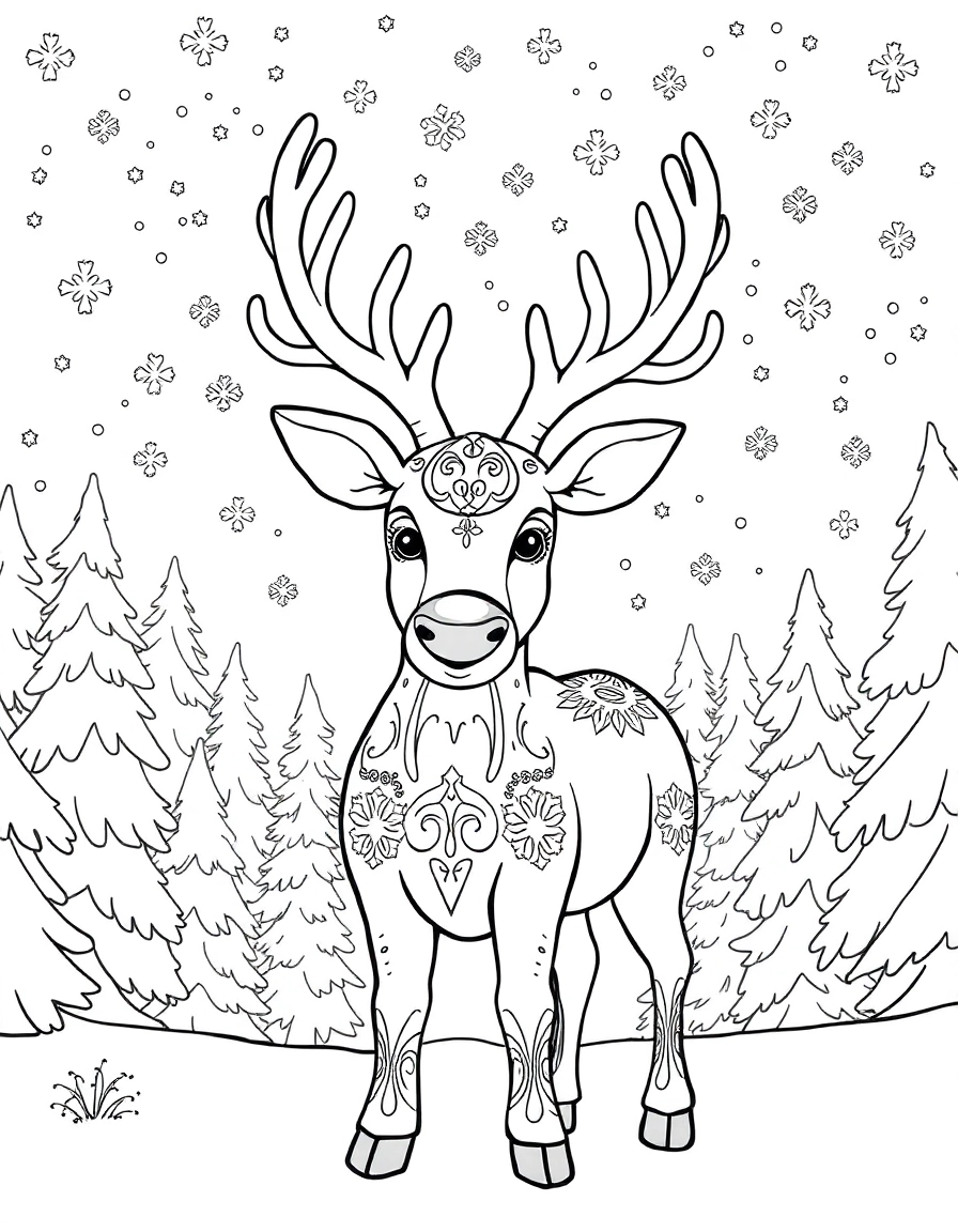 A reindeer with a shiny nose, standing in a snowy forest under a sky full of stars.