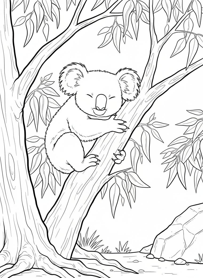 A sleepy koala hugging a eucalyptus tree branch with leaves surrounding it