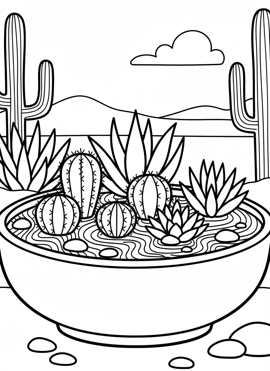 A miniature desert garden in a wide bowl with small cacti, succulents, and decorative sand, simple and fun to color.
