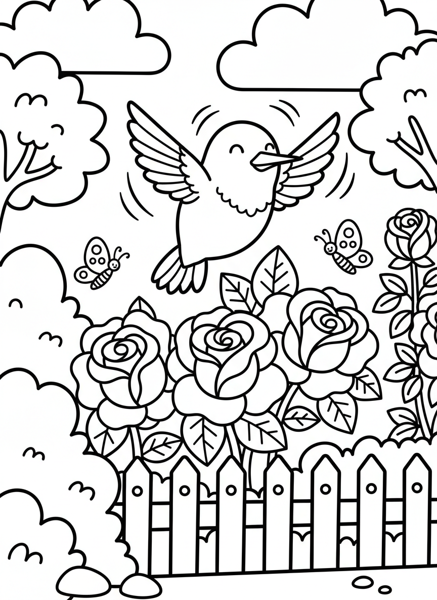 A cute hummingbird hovering near colorful roses in a garden with butterflies, kid-friendly coloring page