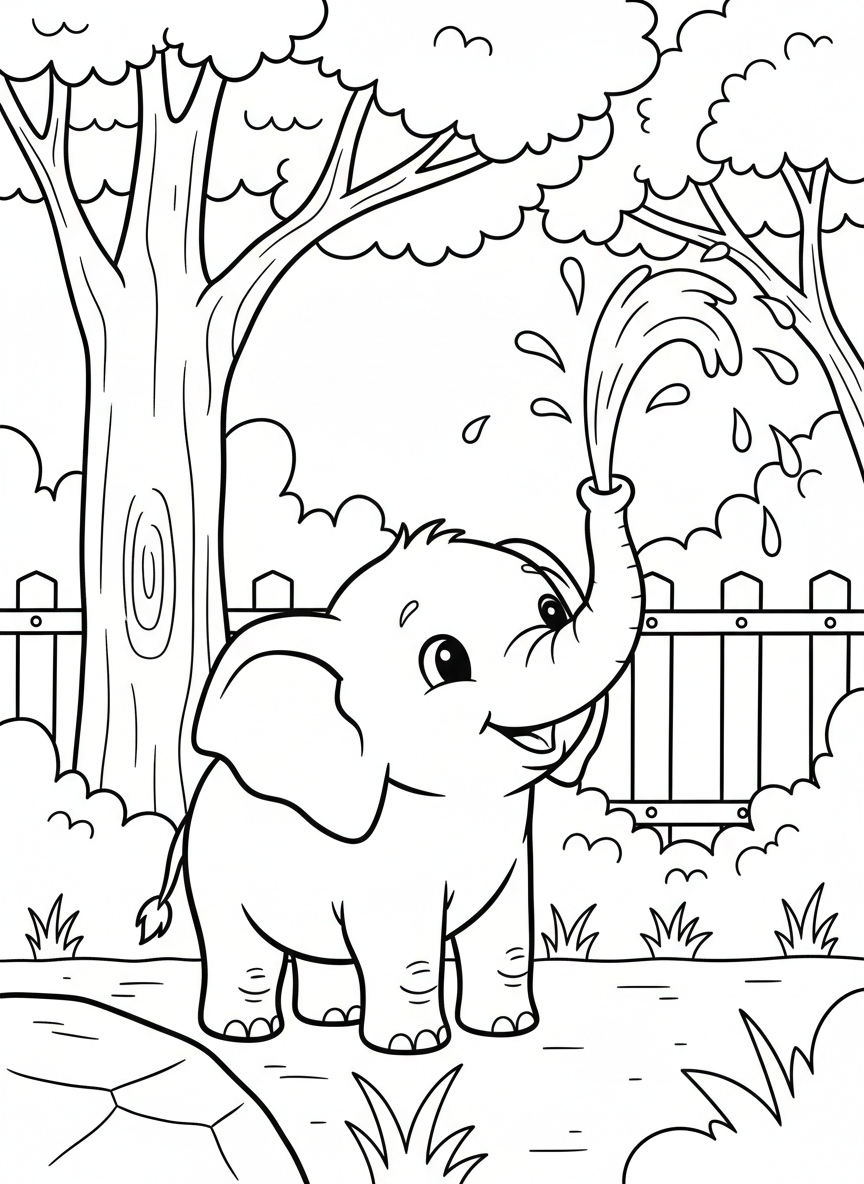 A cute elephant spraying water with its trunk at the zoo, surrounded by trees and grass, kid-friendly line art