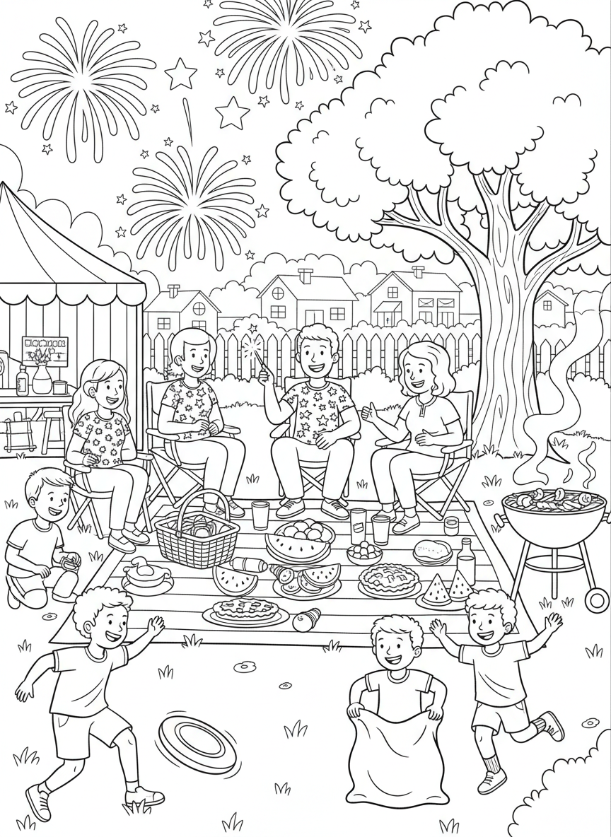 Fourth of July Picnic coloring page prompts capturing summer gatherings, patriotic colors, and relaxed outdoor celebrations.	Children playing lawn games nearby while adults chat comfortably around picnic blankets.