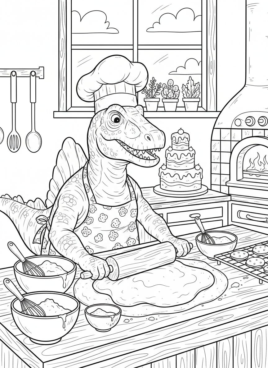 A Spinosaurus chef wearing an apron, baking in a kitchen with mixing bowls and a rolling pin, fun cooking scene.