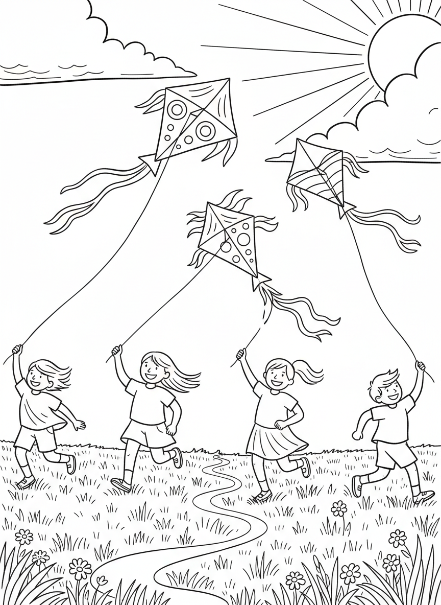 Children flying colorful kites in an open field on a breezy Labor Day afternoon with clouds and sun.