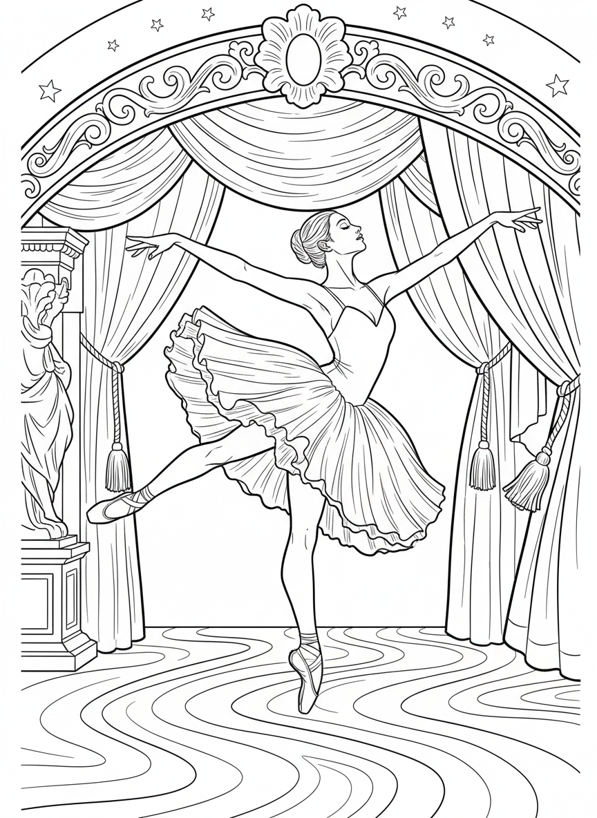 A graceful ballerina in a flowing tutu standing on her toes in an elegant arabesque pose, with her arms extended beautifully.