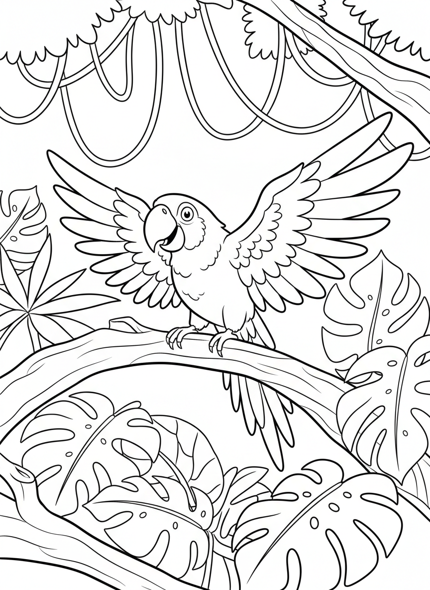 A cheerful macaw parrot perched on a thick jungle branch, wings slightly spread, surrounded by large tropical leaves and hanging vines.