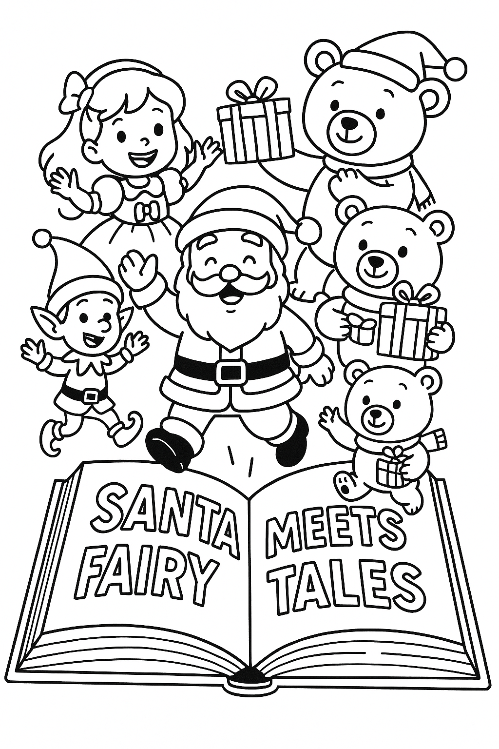 Christmas characters jumping out of storybook, Santa meets fairy tales, Goldilocks with elves, three bears with presents, thick outlines, literary holiday crossover