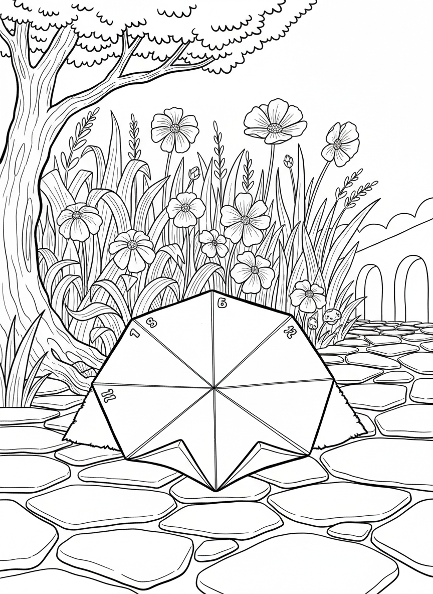 An origami fortune teller (cootie catcher) shown partially open, with numbered sections and space for patterns on each flap.