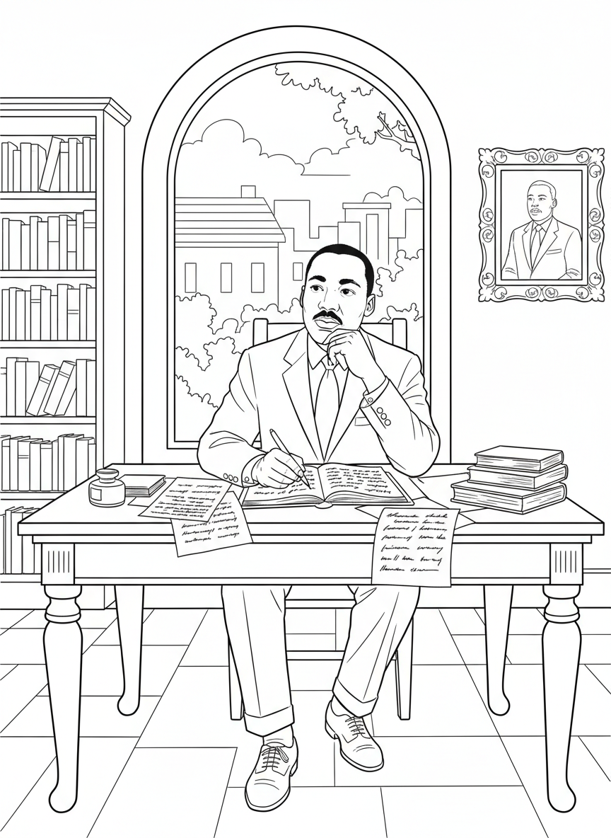 Martin Luther King Jr. writing at his desk with papers and a pen, thoughtful expression on his face
