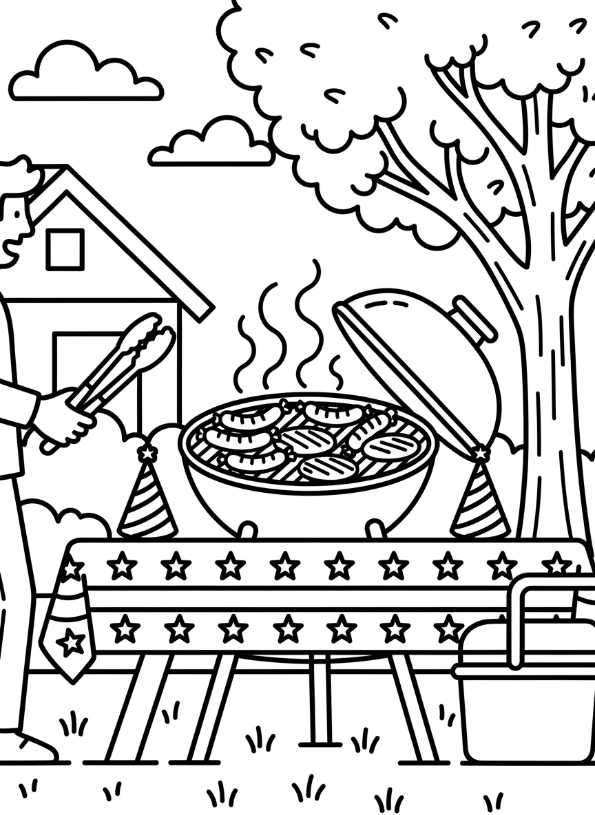 A summer barbecue grill with hot dogs and burgers cooking, patriotic tablecloth, and party hats on a sunny day