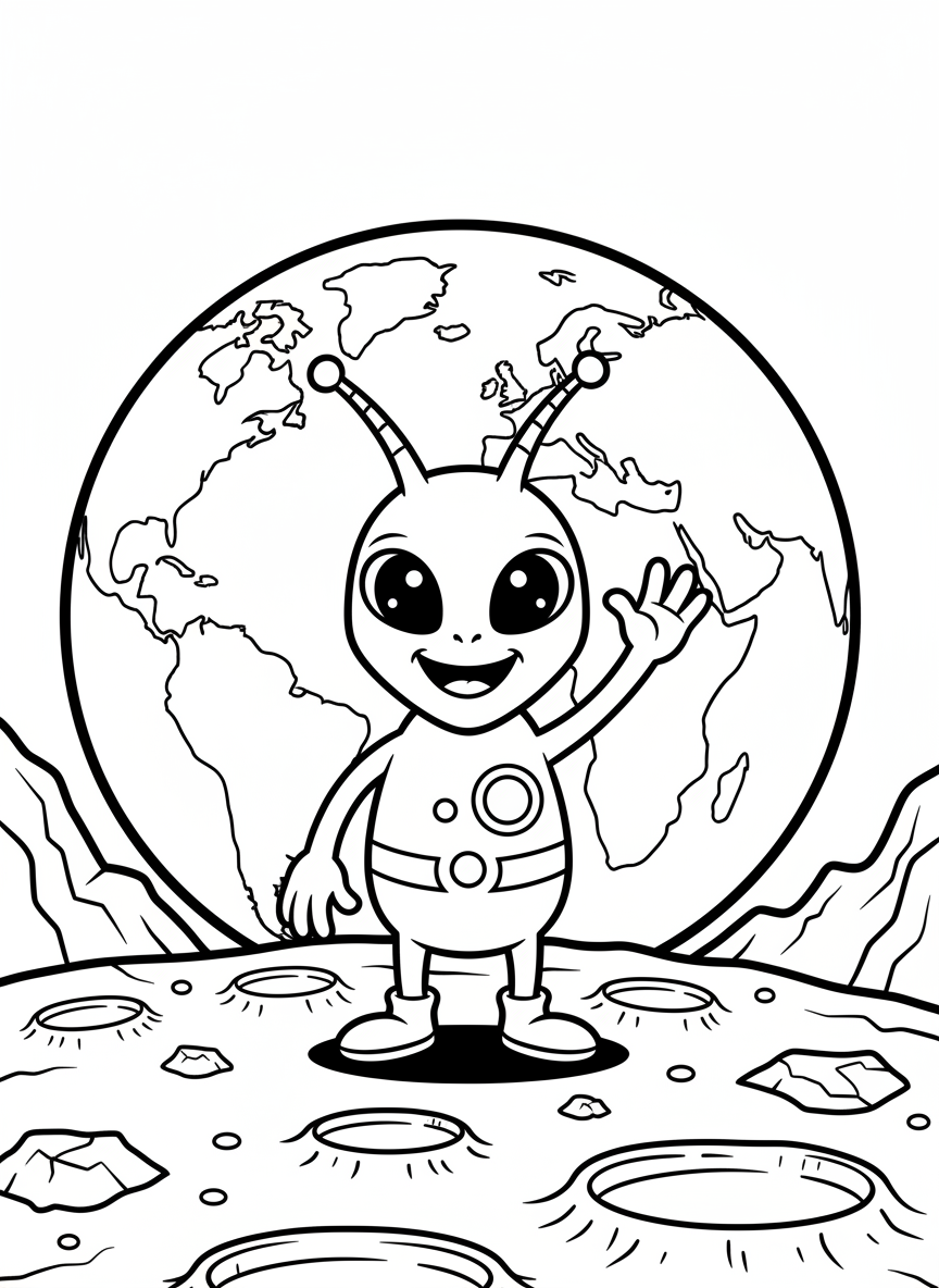 A friendly alien with big eyes and antennae waving hello while standing on a cratered moon surface, Earth visible in the distance
