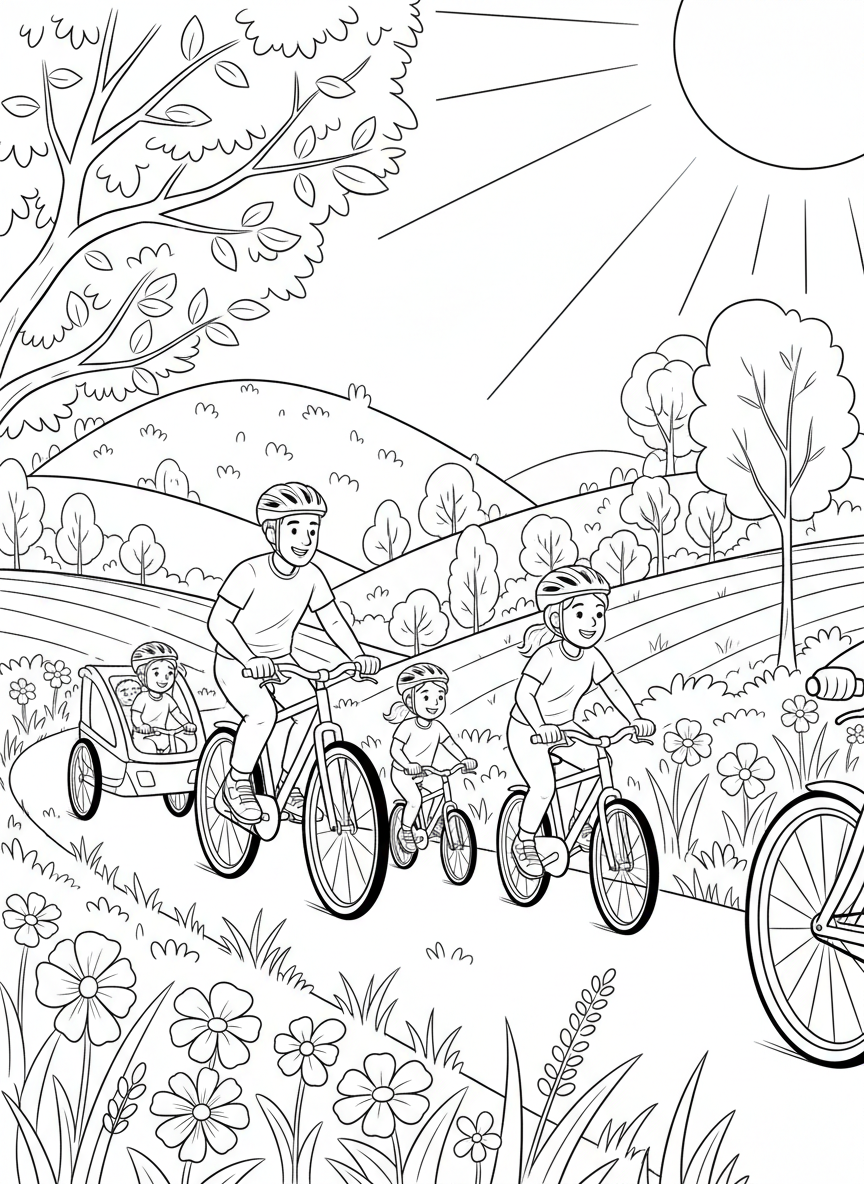 A family riding bicycles together on a sunny trail through the countryside, with hills and flowers along the path.
