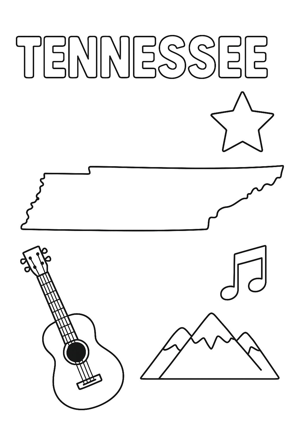 Write “Tennessee” once at the top in outlined letters. Make the state outline large and centered. Add one guitar, one star, one mountain, and one note icon in corners.