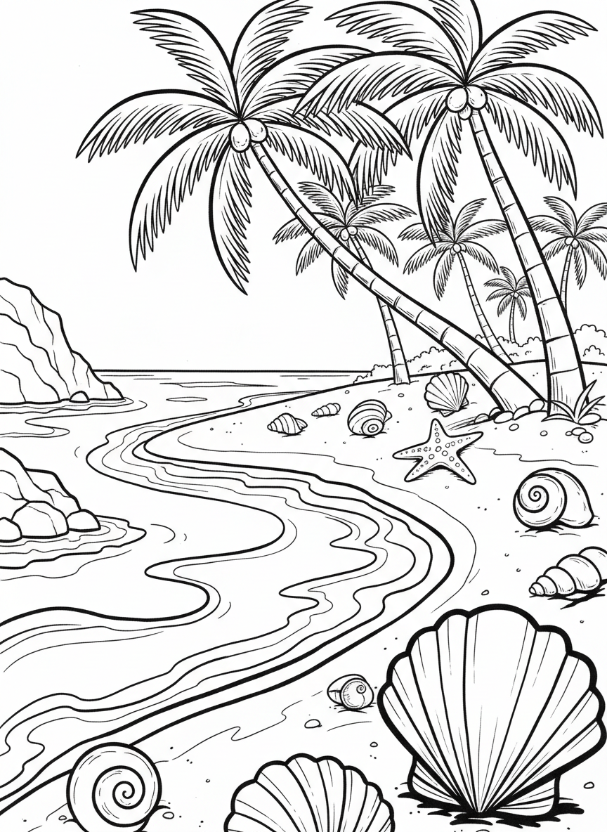 A tropical island with white sandy beaches, swaying palm trees, crystal-clear water, and colorful seashells scattered along the shore.