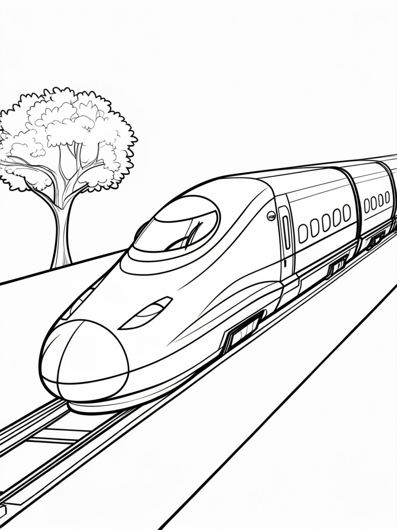 High-Speed Rail: A sleek, modern "bullet train" that looks fast but friendly (rounded edges), zooming past a simple tree.