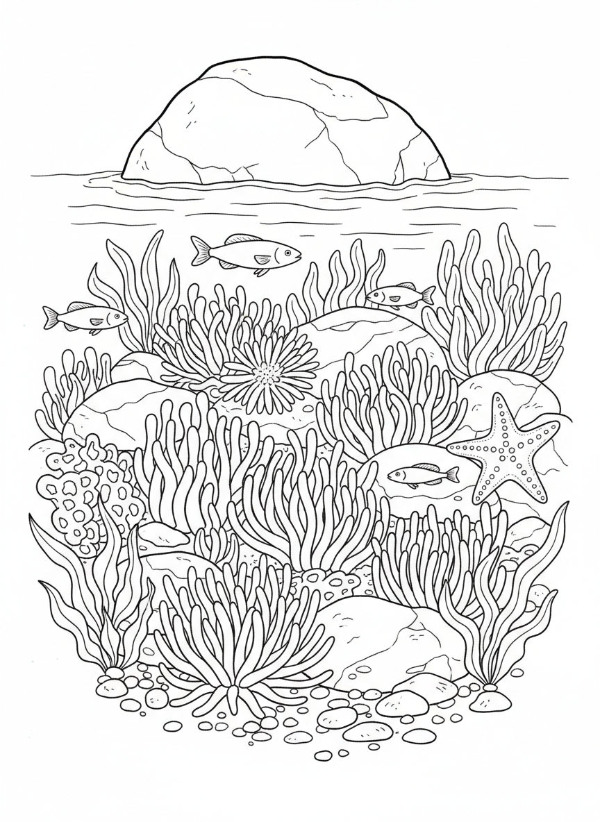 A tide pool scene from above showing sea anemones, small fish, and seaweed clustered together in shallow water.