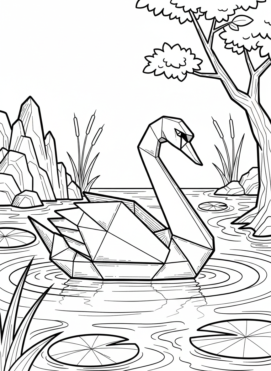 A majestic origami swan with an elegant curved neck and geometric feathered body, floating peacefully with visible fold lines creating its form.