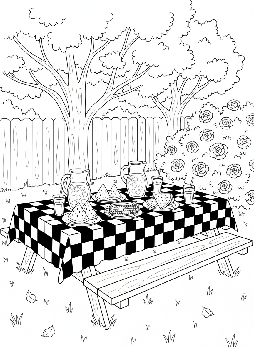 A backyard picnic table covered with a checkered tablecloth, plates of watermelon slices, corn on the cob, and lemonade pitchers.